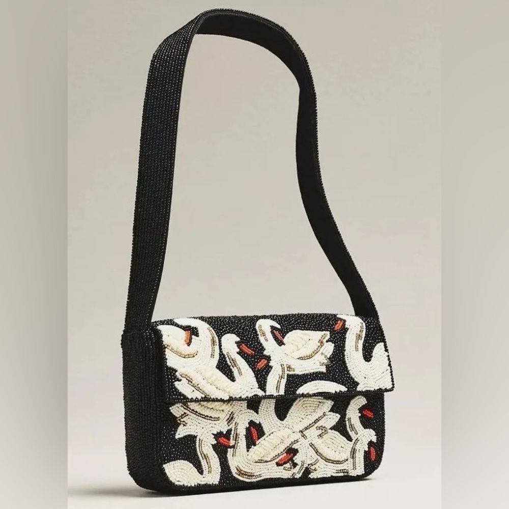 Anthropologie The Fiona Beaded Animal Shoulder Bag Purse Swan Appliqué. NEW. - Picture 1 of 6
